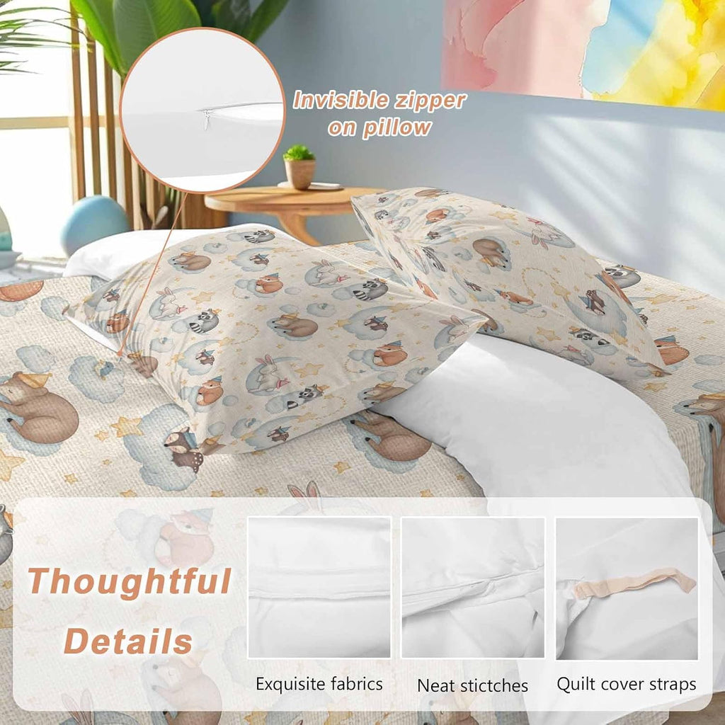 Cartoons Animals Duvet Cover Set Queen Size 4 Pieces Watercolor Fox Sleeping Raccoon Cute Rabbit Bedding Set with Zipper Closure, 1 Comforter Cover 92x106 Inches 1 Flat Sheet & 2 Pillow Cases