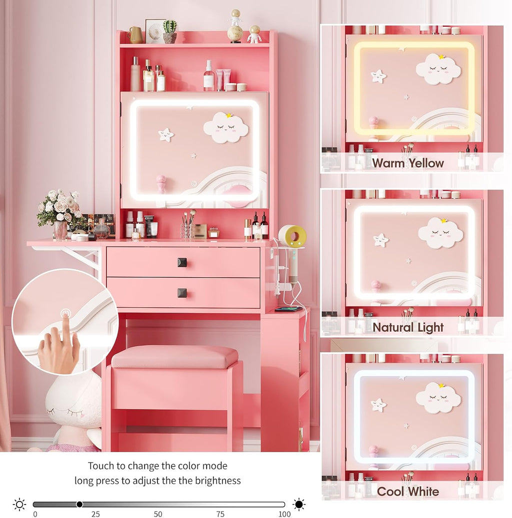 Vabches Small Makeup Vanity Desk, 3 Adjustable Lighted Mirror, White Vanity Set, Fold-up Panel, Charging Station, Glass Top, Drawers, Chair, 2 Hidden Storage Shelves (Pink)
