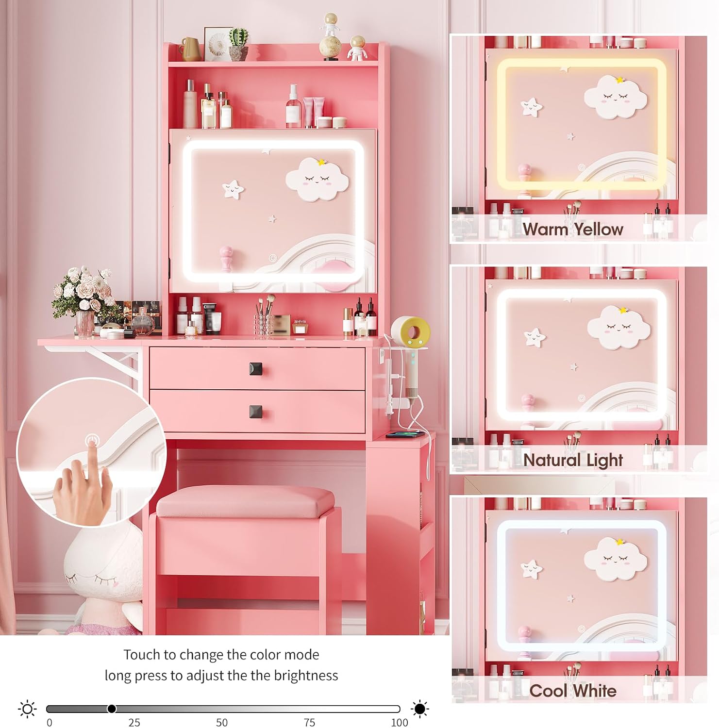 Vabches Small Makeup Vanity Desk, 3 Adjustable Lighted Mirror, White Vanity Set, Fold-up Panel, Charging Station, Glass Top, Drawers, Chair, 2 Hidden Storage Shelves (Pink)