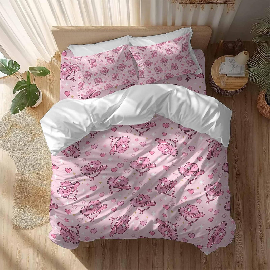 Pink Heart Cowboy Hat Duvet Cover Set Queen Size 4 Pieces Modern Minimalist Sparkling Love Star Bedding Set with Zipper Closure, 1 Comforter Cover 86x86 Inches 1 Flat Sheet & 2 Pillow Cases