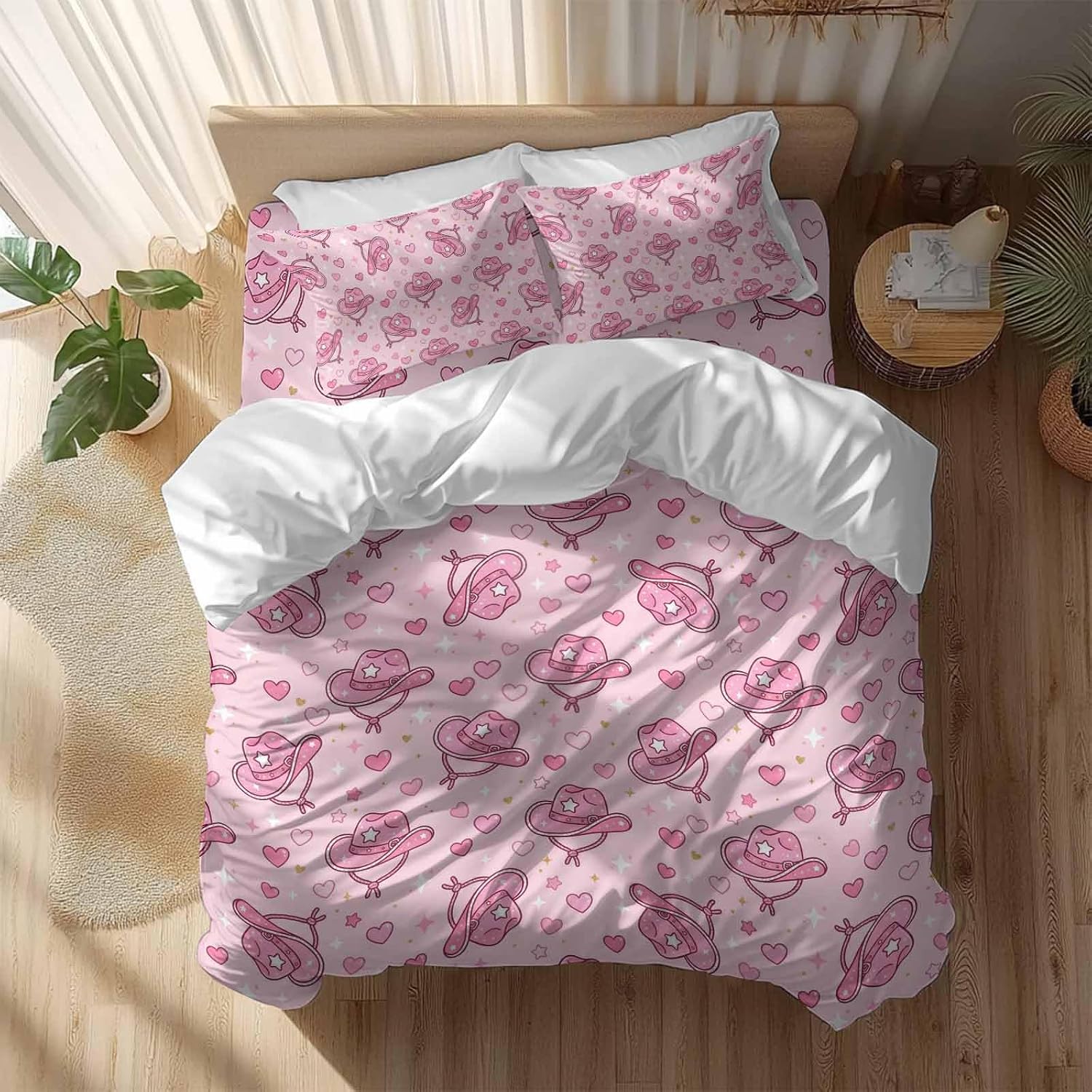 Pink Heart Cowboy Hat Duvet Cover Set Queen Size 4 Pieces Modern Minimalist Sparkling Love Star Bedding Set with Zipper Closure, 1 Comforter Cover 86x86 Inches 1 Flat Sheet & 2 Pillow Cases