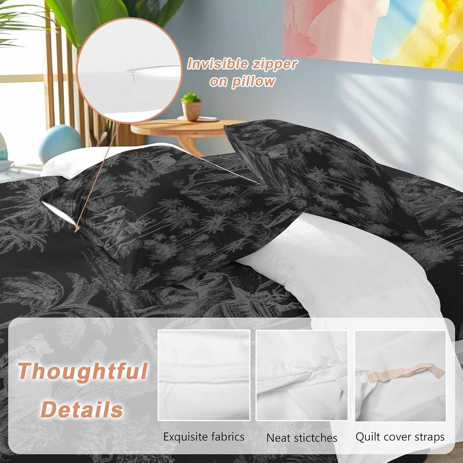 Prime Leader Forest Animal Duvet Cover Set Queen Size 4 Pieces Vintage Forest Elephant Leopard Black Bedding Set with Zipper Closure, 1 Comforter Cover 86x86 Inches 1 Flat Sheet & 2 Pillow Cases