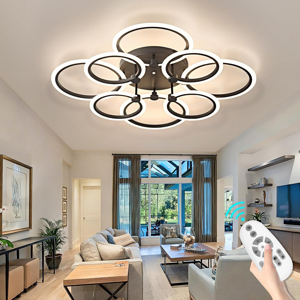 LED Ceiling Light, 8-Ring Modern Flush Mount Fixture, 145W Dimmable 3000K–6500K, Black Ceiling Light with Remote for Living Room Bedroom Kitchen (35.4')