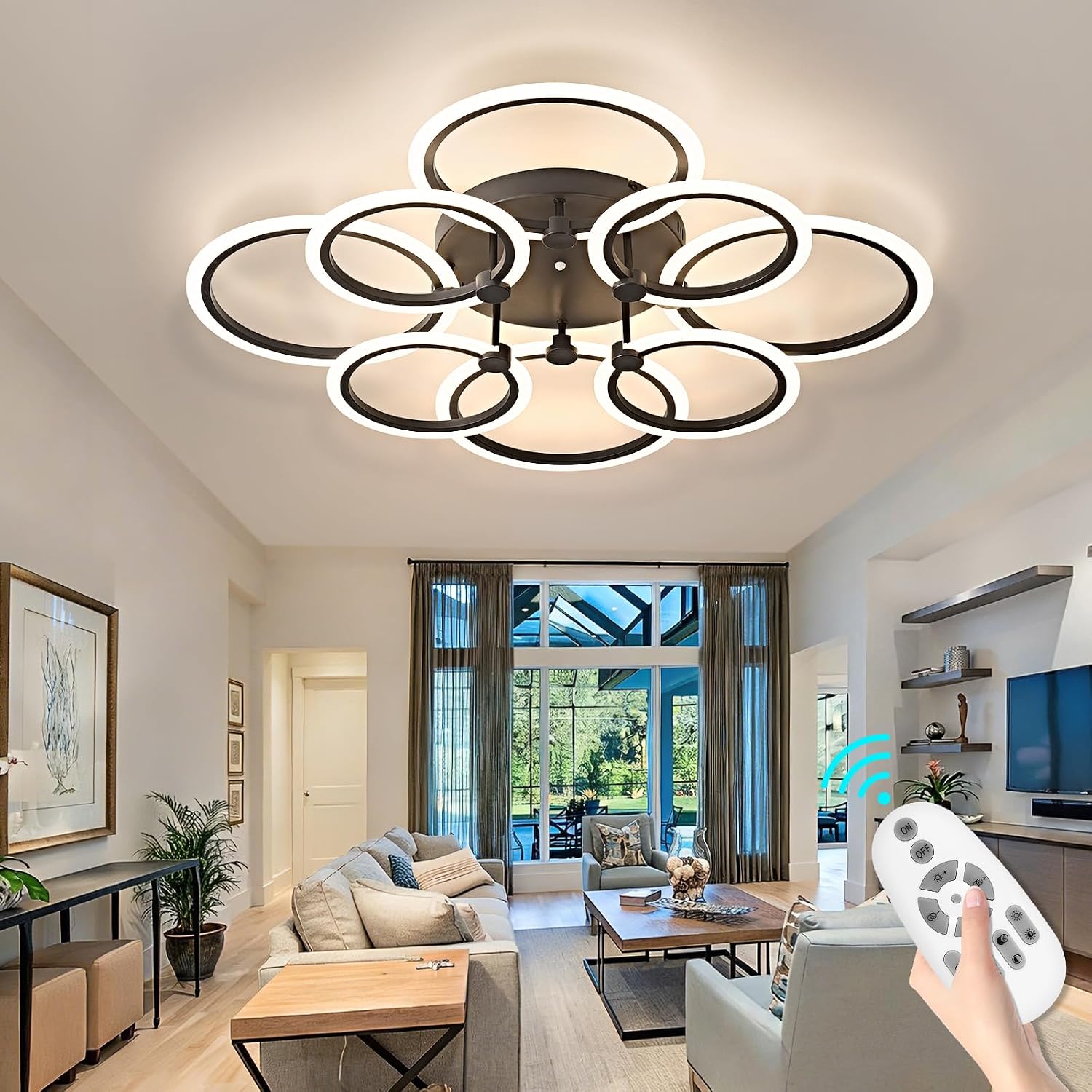 LED Ceiling Light, 8-Ring Modern Flush Mount Fixture, 145W Dimmable 3000K–6500K, Black Ceiling Light with Remote for Living Room Bedroom Kitchen (35.4')