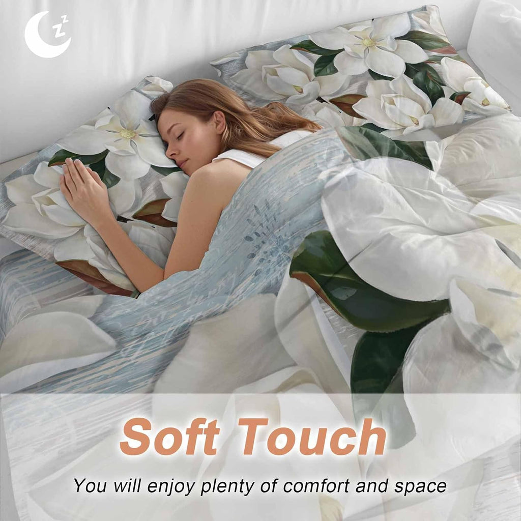White Floral Duvet Cover Set Queen Size 4 Pieces Spring White Magnolia Vintage Plants Farmhouse Rustic Bedding Set with Zipper Closure, 1 Comforter Cover 92x106 Inches 1 Flat Sheet & 2 Pillow Cases
