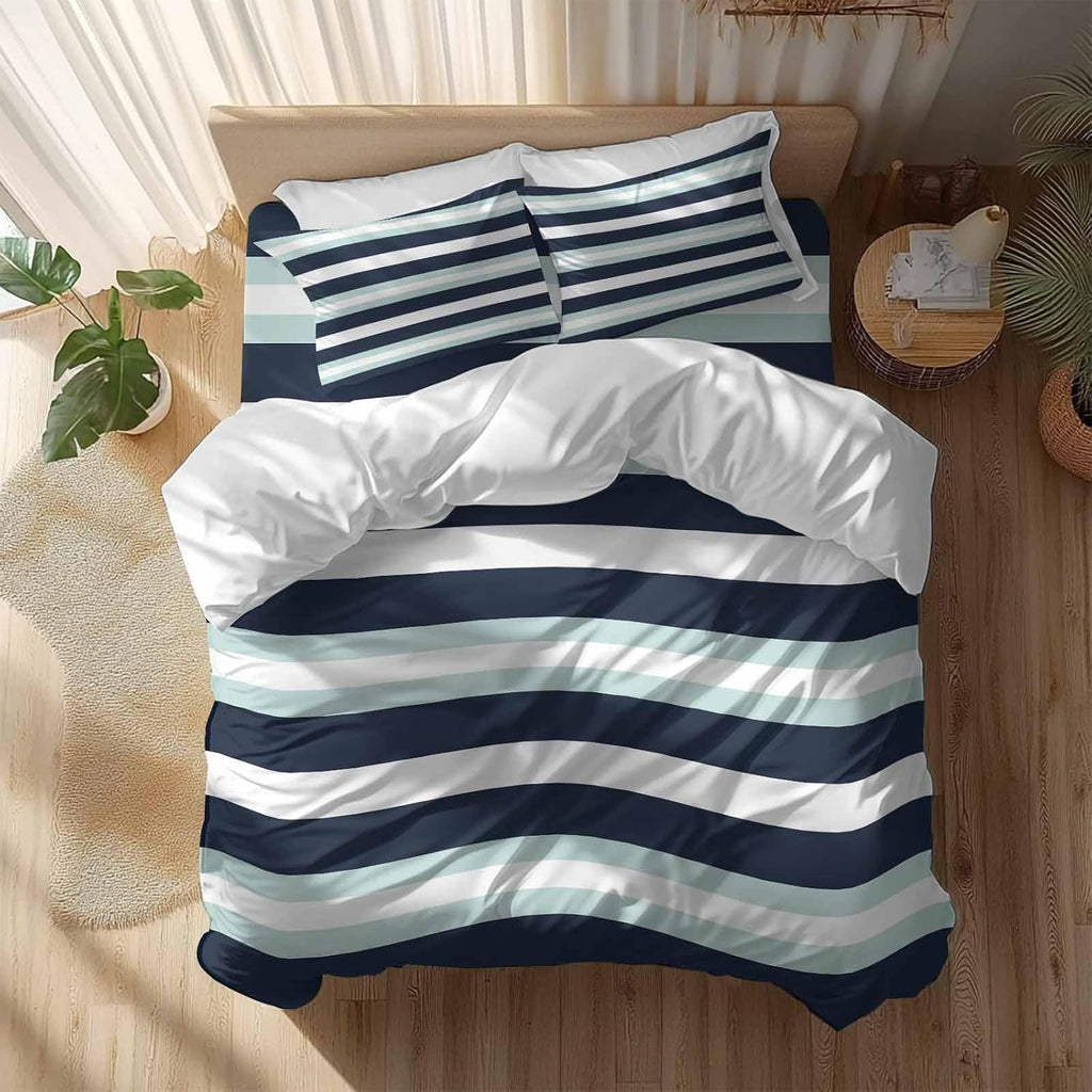Prime Leader Turquoise Navy Blue Stripe Duvet Cover Set Queen Size 4 Pieces Modern Abstract Minimalist Bedding Set with Zipper Closure, 1 Comforter Cover 90x92 Inches 1 Flat Sheet & 2 Pillow Cases