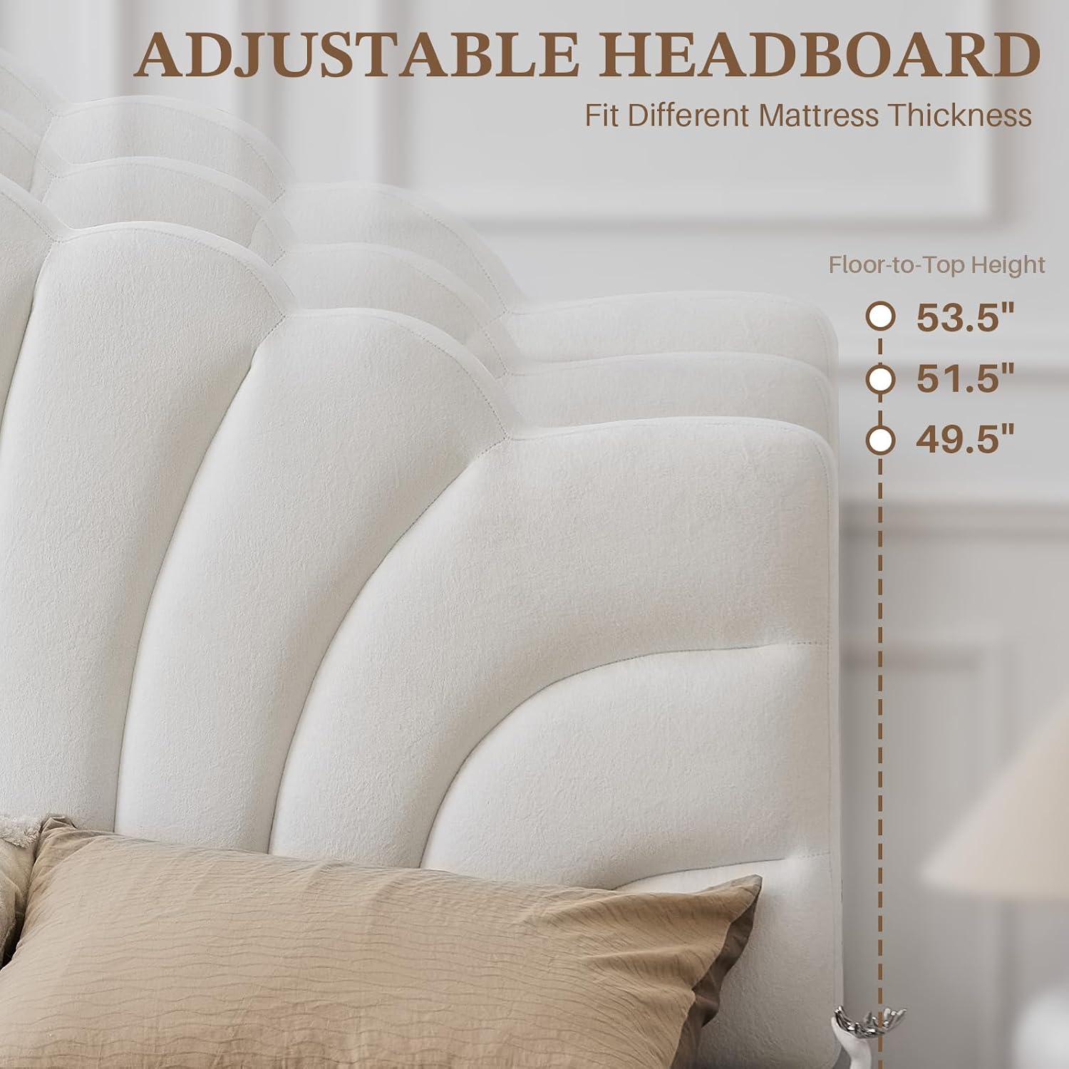 Upholstered Headboard Only Adjustable Bed Headboards Queen/Full Size, Tiara Crown Shape Headboards with Wood Legs, Velvet Petal Head Board Wall Protector for Dorm Bedroom, White