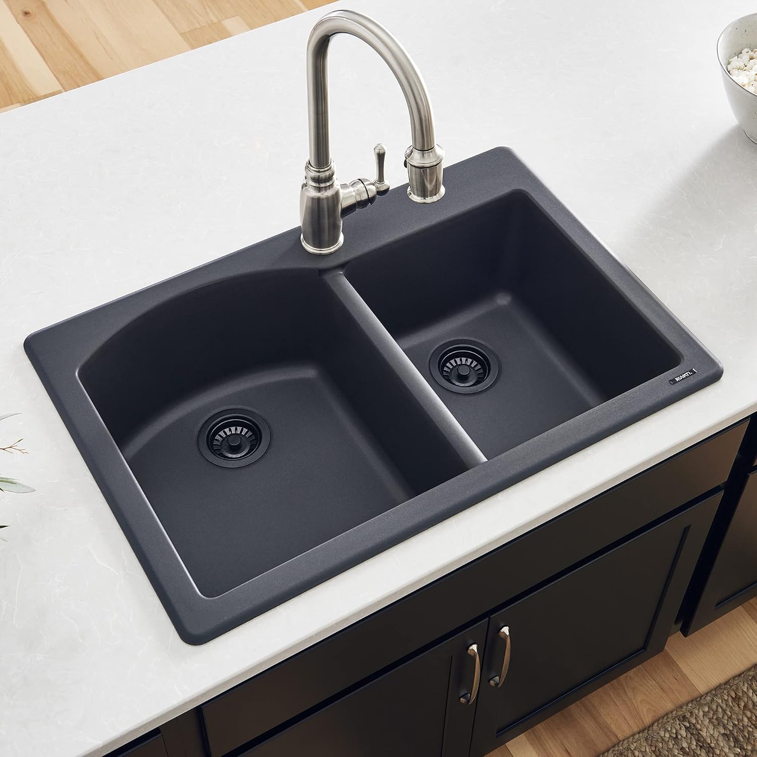 Ruvati 33 x 22 inch epiGranite Drop-in Topmount Granite Composite Quartz Double Bowl Kitchen Sink - Midnight Black - RVG1344BK