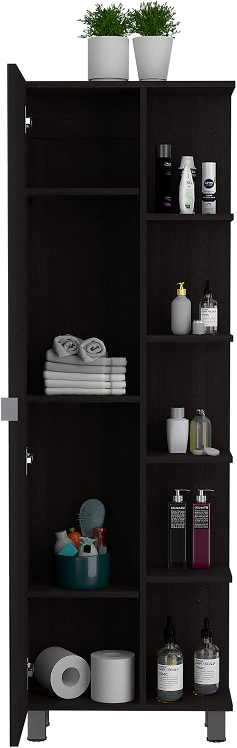 FM FURNITURE Los Angeles Mirror Linen Cabinet with 5 Open Shelves and 4 Inner Shelves, Black