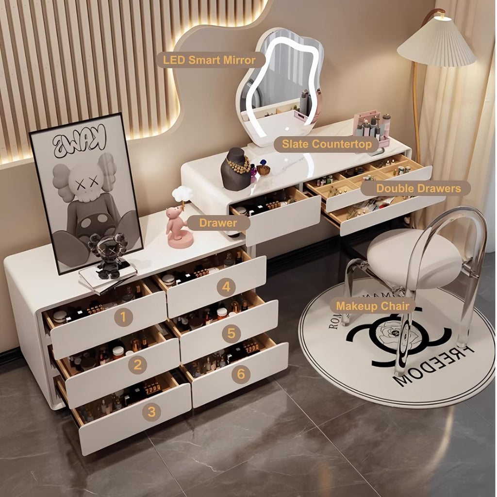 Modern Vanity Desk Set, Makeup Vanity Table with LED Smart Mirror, Rock Slate Desktop and Expandable Side Cabinet, Solid Wood Dressing Table for Bedroom, Full Set of Accessories (White -32in)