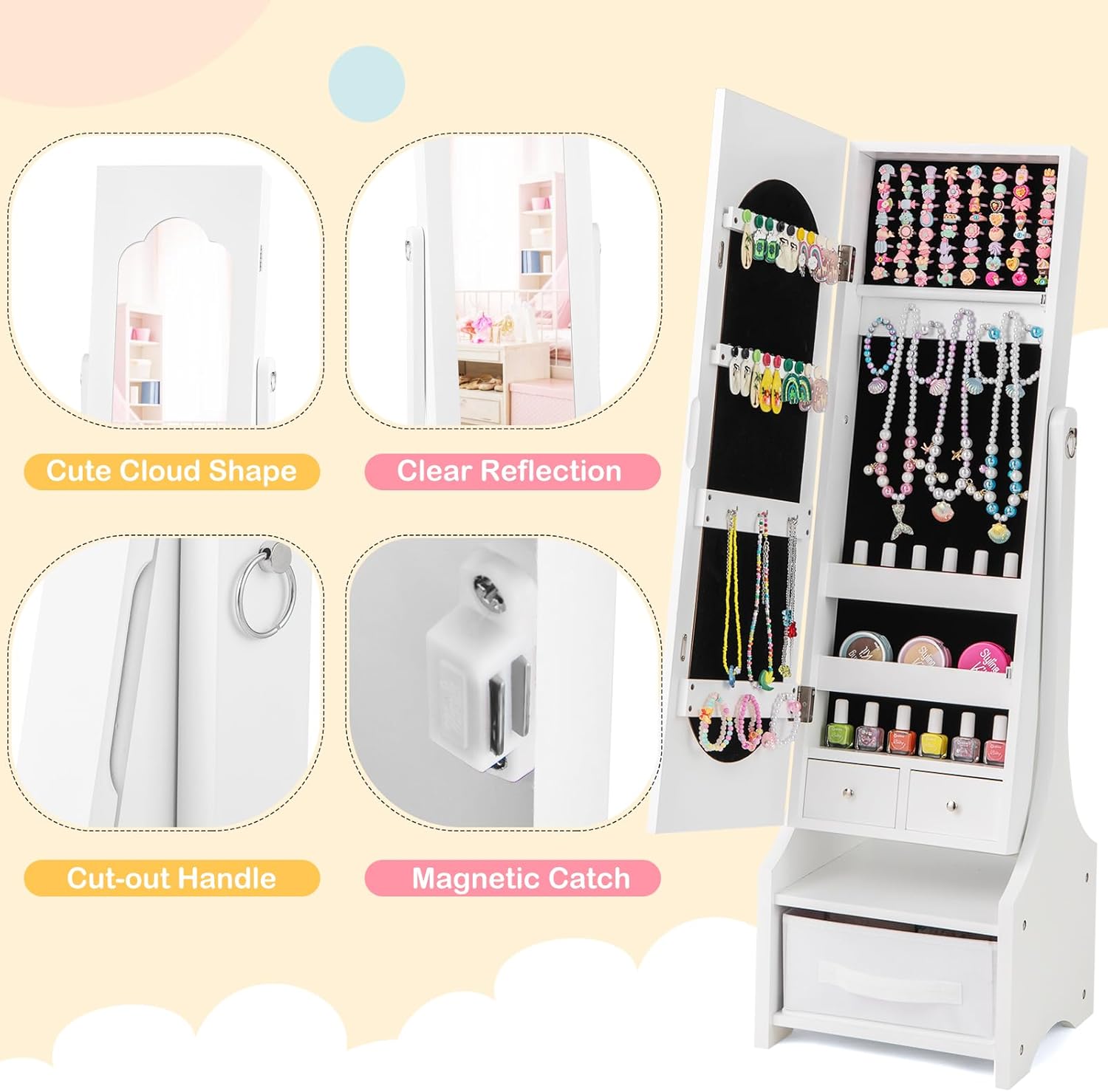 Costzon Kids Vanity & Jewelry Armoire Cabinet, Kids Vanity Table and Chair Set, Makeup Dressing Table, Standing Jewelry Organizer with Full-Length Mirror, Kids Bedroom Furniture Set for Girls (White)
