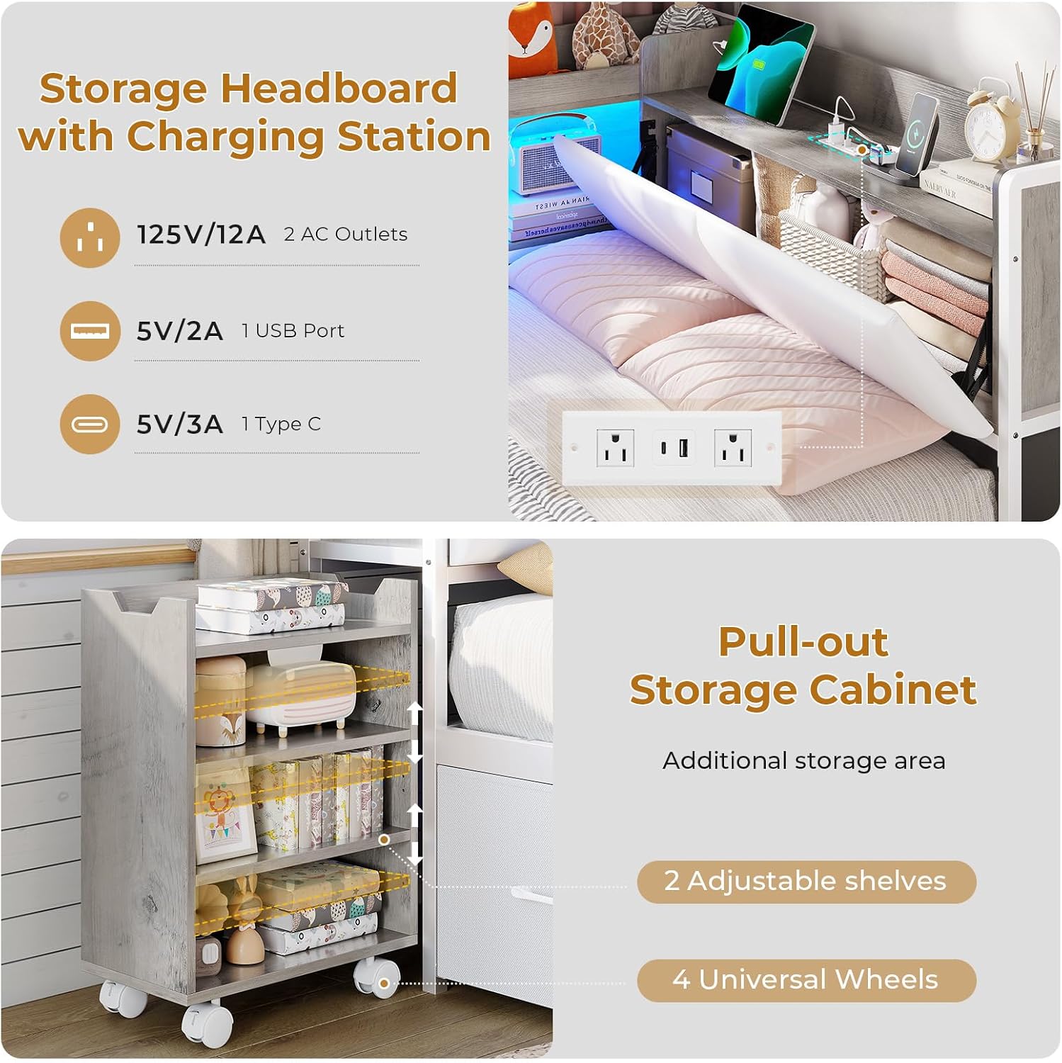 MSmask 14 Inch Corner Bed Frame with Pull-Out Cabinet, Bookcase & Headboad Storage, Twin LED Daybed with 6 Drawers, Charging Station, Twin Size Metal Platform Bed for Kids Teen, White & Oak Grey