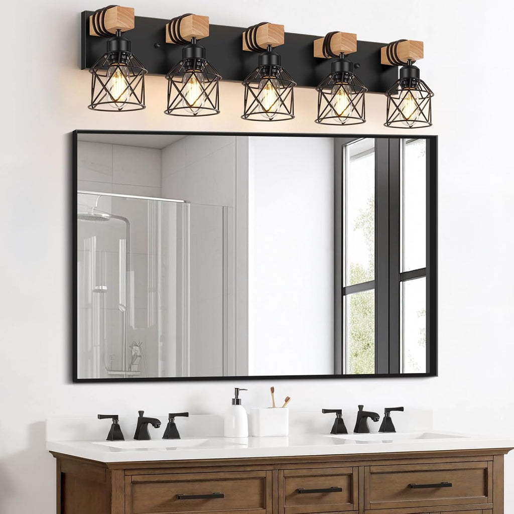 FadimiKoo 5-Light Wooden Black Bathroom Light Fixtures, Rustic Style Vanity Wall Sconces Lighting with Metal Cage, Farmhouse Bathroom Lights Wall Mount for Bedroom, Living Room, Entrance