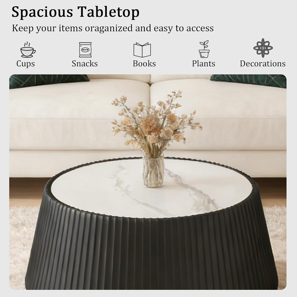 Round Living Room Table Set, 26.77' Black Drum Center Table and 19.68' Grey Coffee Table Set, 2 Pieces Coffee Table Set with Sintered Stone Tabletop, Fluted PU Leather Covered and Stable Base