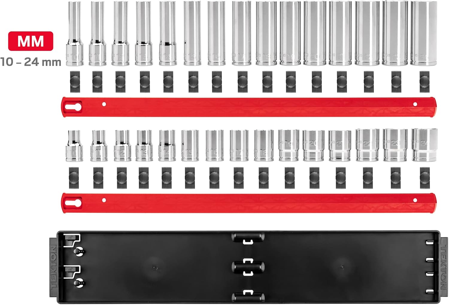 TEKTON 1/2 Inch Drive Shallow and Deep 12-Point Socket Set with Rails and Tray, 30-Piece (10-24 mm) | SHD92212