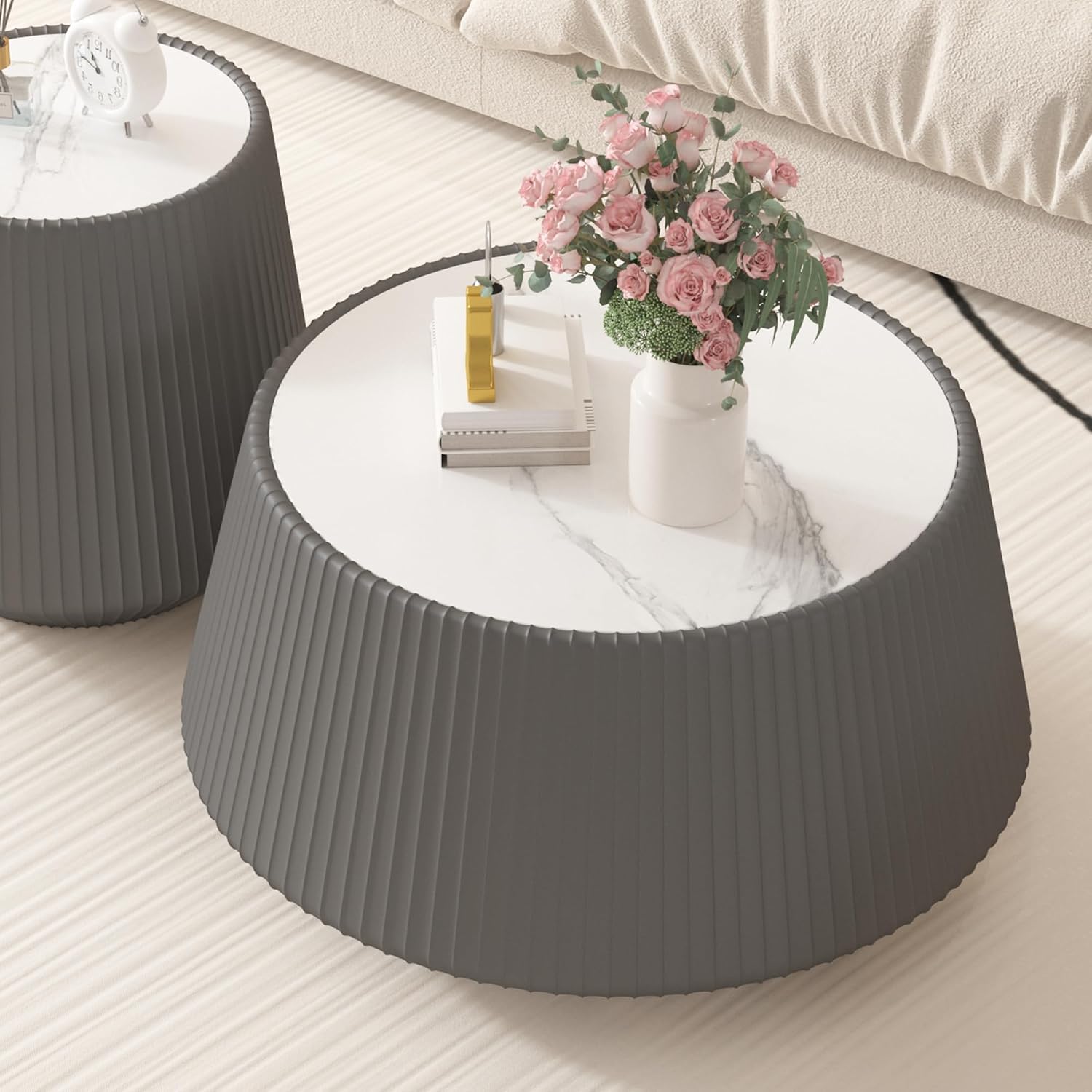 26.77' Grey Round Coffee Table, Drum Coffee Table with Sintered Stone Tabletop and Fluted PU Leather Covered and Stable Base, Circle Cocktail Tea Table for Living Room