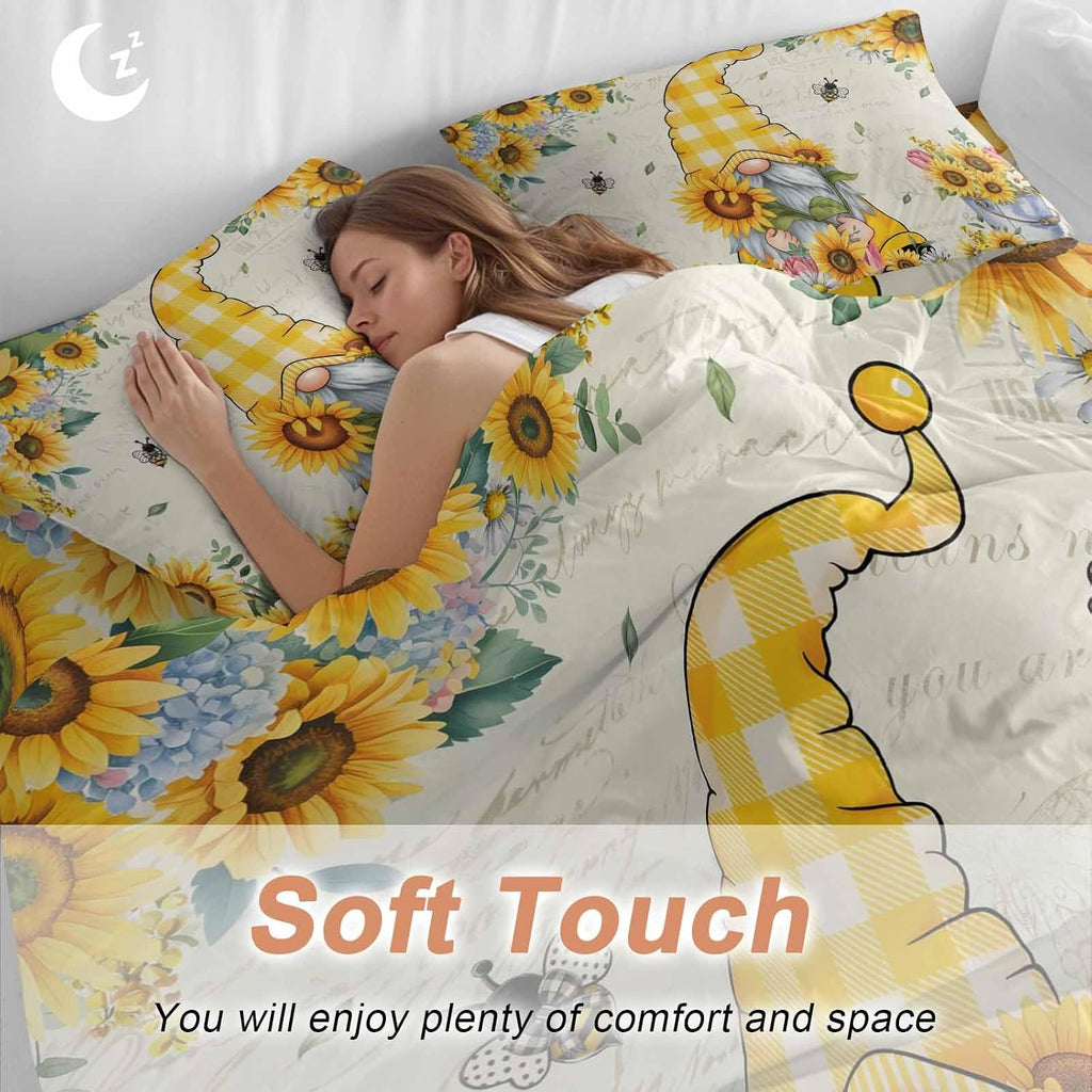 Sunflower Gnome Duvet Cover Set Queen Size 4 Pieces Bee Yellow Flower Leaf Spring Plant Farm Bedding Set with Zipper Closure, 1 Comforter Cover 92x106 Inches 1 Flat Sheet & 2 Pillow Cases