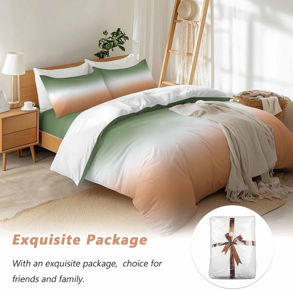 Bohemian Gradient Sage Green Duvet Cover Set Queen Size 4 Pieces Modern Minimalist Green Orange Ocean Beach Bedding Set with Zipper Closure,1 Comforter Cover 86x86 Inches 1 Flat Sheet & 2 Pillow Cases