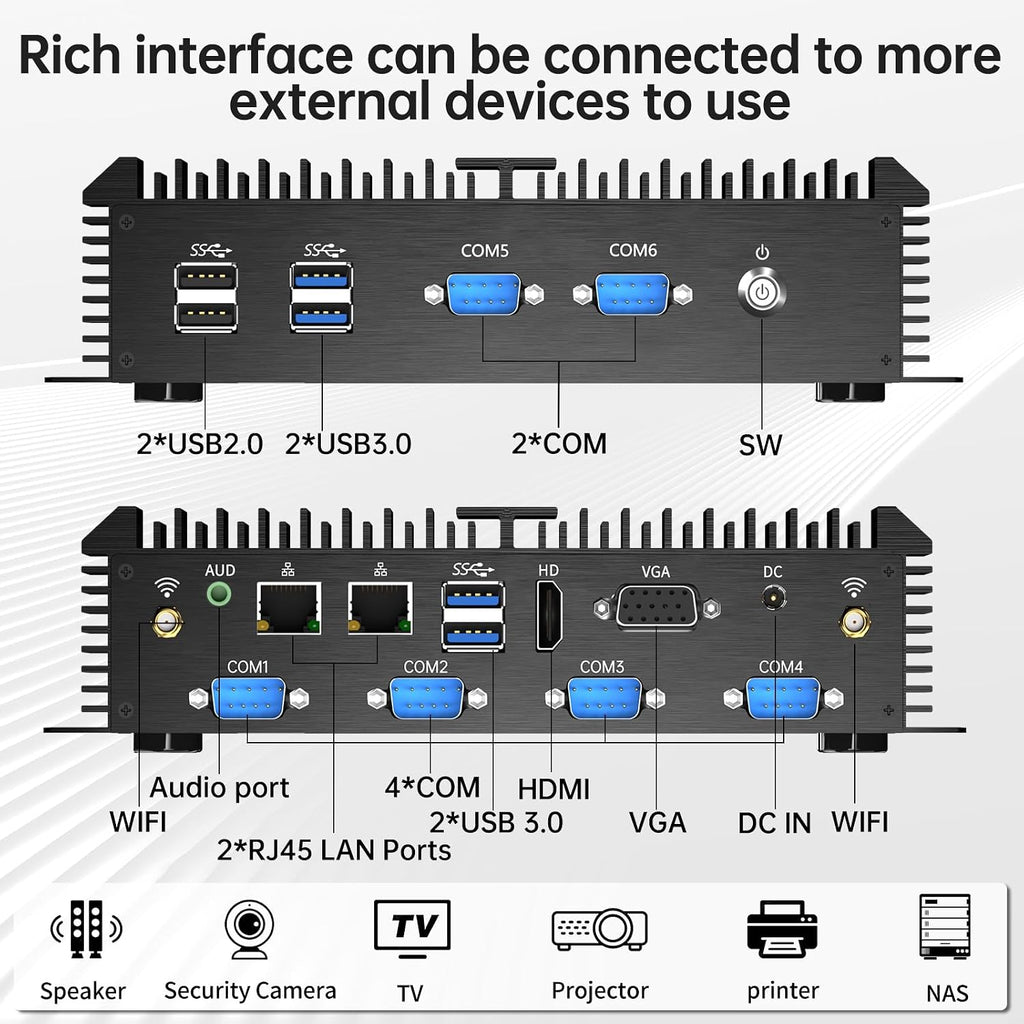 Fanless Mini PC, Industrial Desktop Computer Core i7-5500U 2.4-3.0GHz, Windows 10 Pro, 8GB RAM, 512GB SSD, 2xNICs, 6xCOM RS232, 4xUSB 3.0, HDMI/VGA Ports, Auto Power On, Full Metal Case