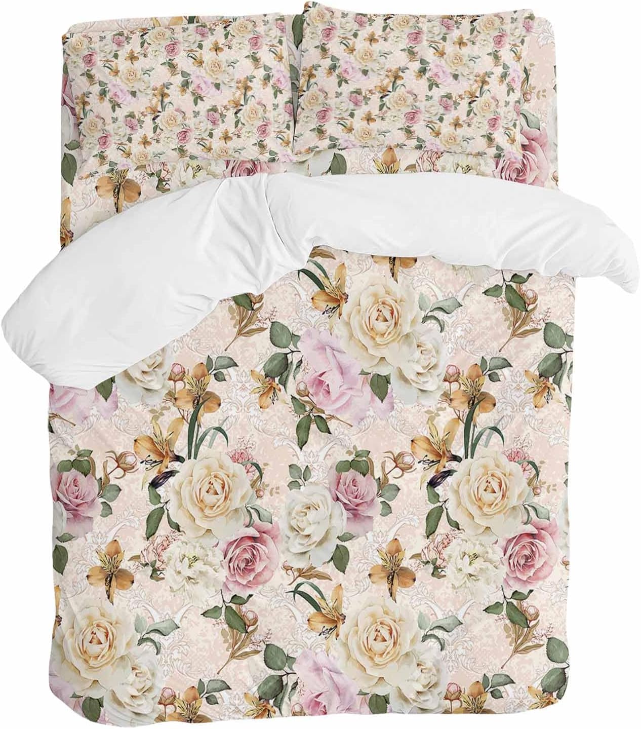 Prime Leader Floral Spring Duvet Cover Set Queen Size 4 Pieces Flower Retro Texture Bedding Set with Zipper Closure, 1 Comforter Cover 92x106 Inches 1 Flat Sheet & 2 Pillow Cases