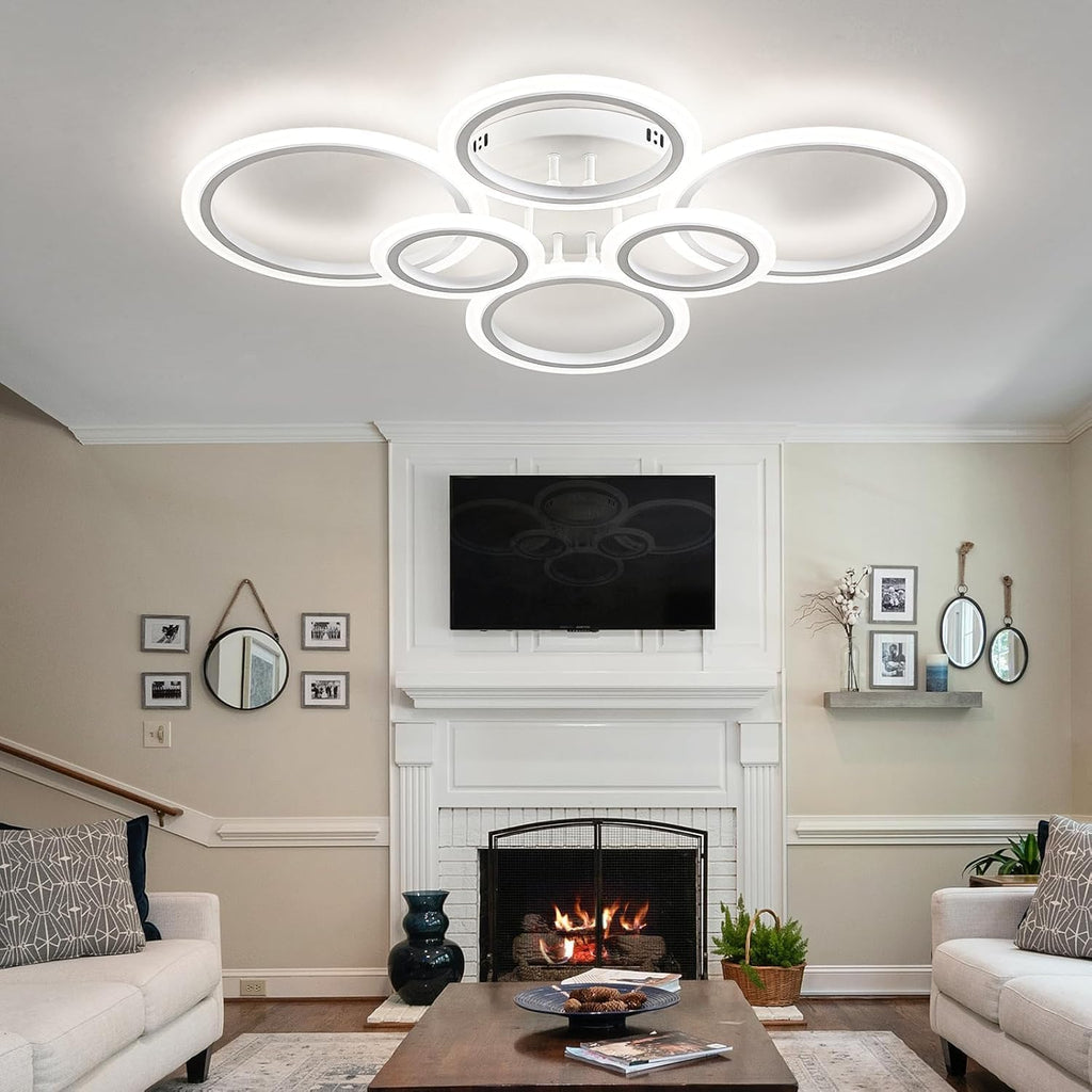 Shine LUEST 60W Modern LED Ceiling Light Fixture, Dimmable LED Chandelier Flush Mount Ceiling Lights Remote Control 6 Acrylic Ring Ceiling Lamp Fixture for Living Room Dining Room Bedroom, 7640LM