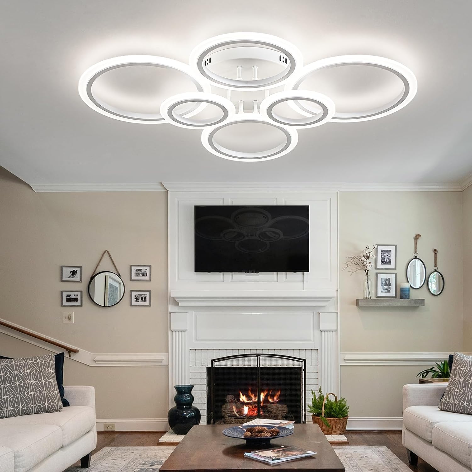 Shine LUEST 60W Modern LED Ceiling Light Fixture, Dimmable LED Chandelier Flush Mount Ceiling Lights Remote Control 6 Acrylic Ring Ceiling Lamp Fixture for Living Room Dining Room Bedroom, 7640LM