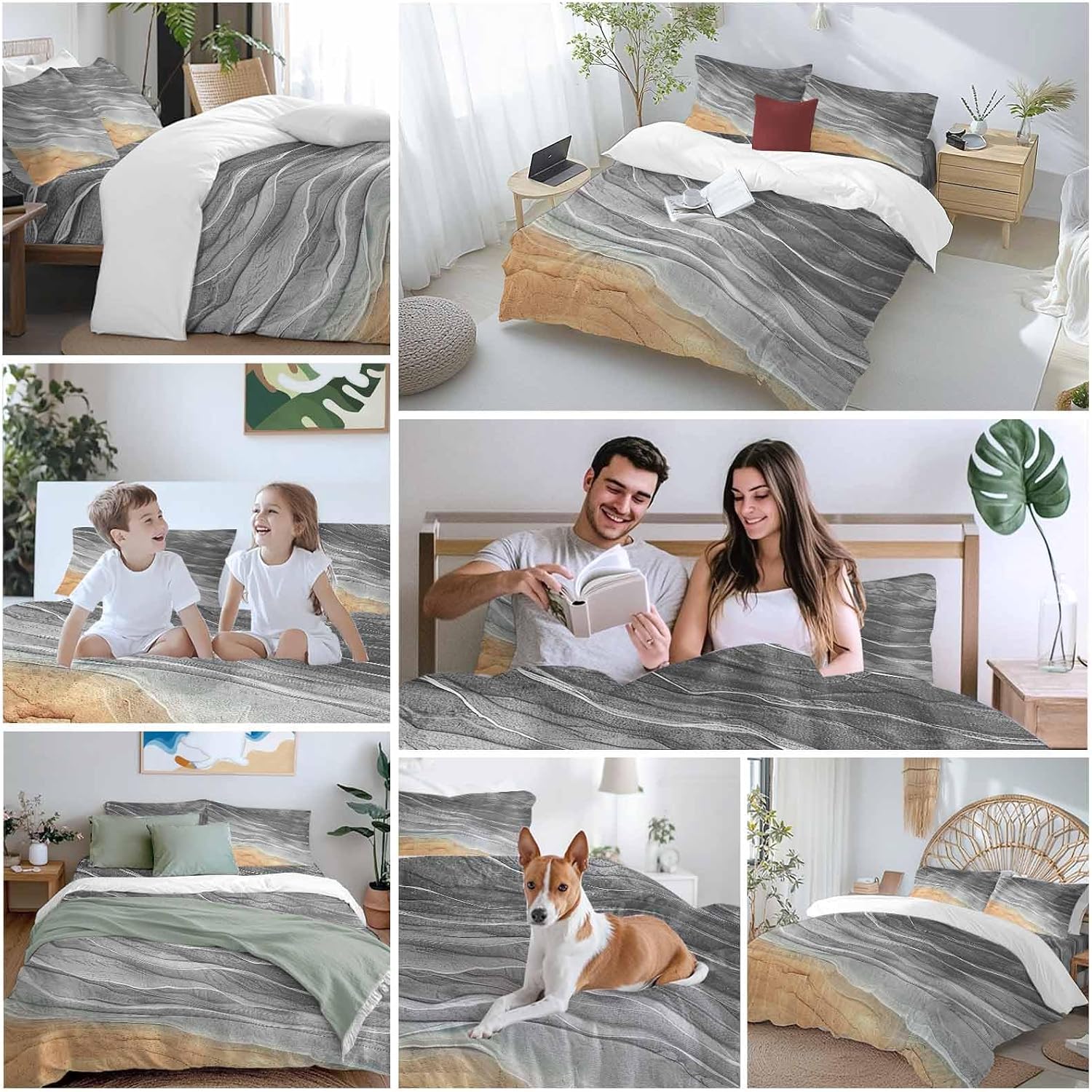 Prime Leader Abstract Grey Duvet Cover Set Queen Size 4 Pieces Ocean Beach Waves Lines Gradient Bedding Set with Zipper Closure, 1 Comforter Cover 86x86 Inches 1 Flat Sheet & 2 Pillow Cases