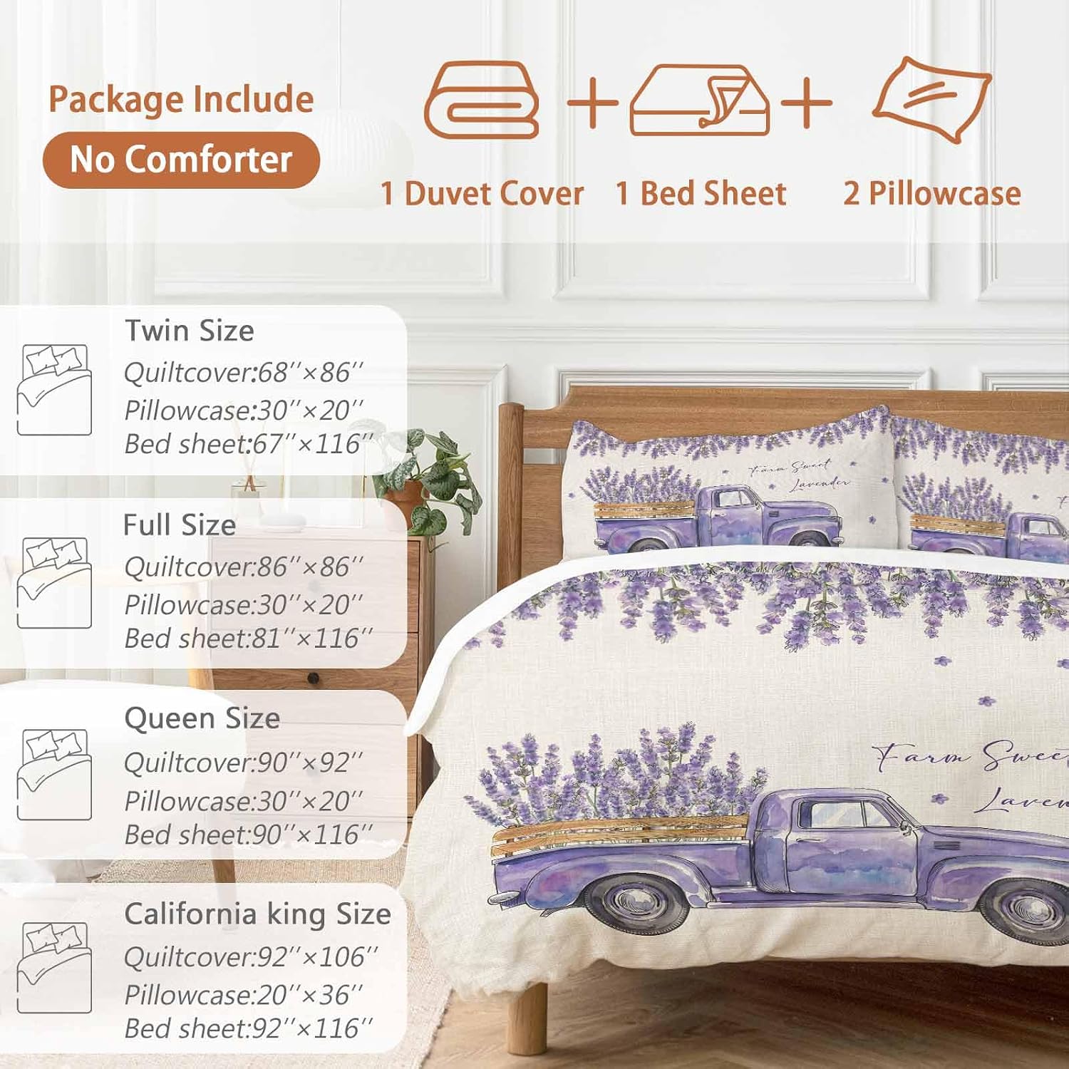 Purple Floral Duvet Cover Set Queen Size 4 Pieces Farm Sweet Lavender Truck Rustic Linen Texture Bedding Set with Zipper Closure, 1 Comforter Cover 92x106 Inches 1 Flat Sheet & 2 Pillow Cases