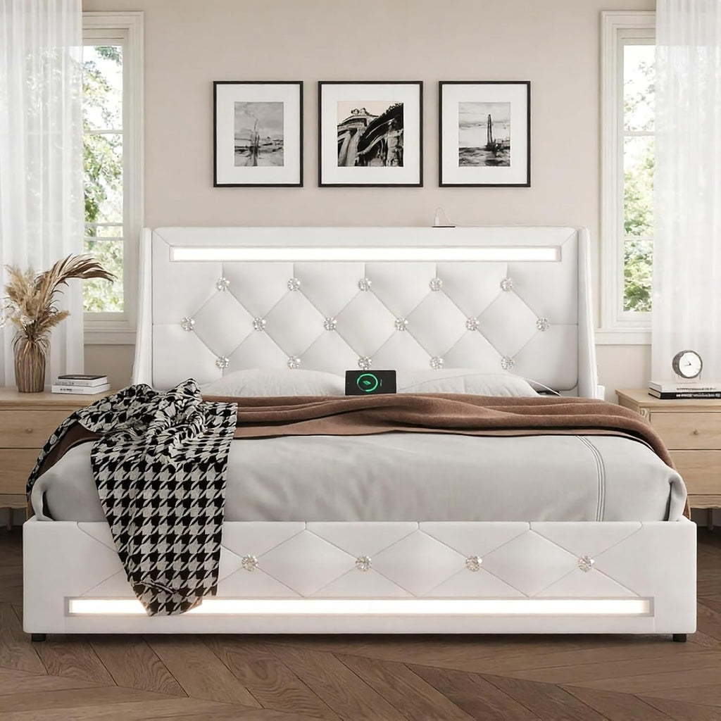 Queen Bed Frame with Storage Drawers and LED Lights/Charging Station, Modern Diamond Upholstered Platform Bed with Wingback Headboard, Wooden Slats Support, No Box Spring Needed (White, Queen)