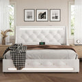 Full Bed Frame with Storage Drawers and LED Lights/Charging Station, Modern Diamond Upholstered Platform Bed with Wingback Headboard, Wooden Slats Support, No Box Spring Needed (White, Full)