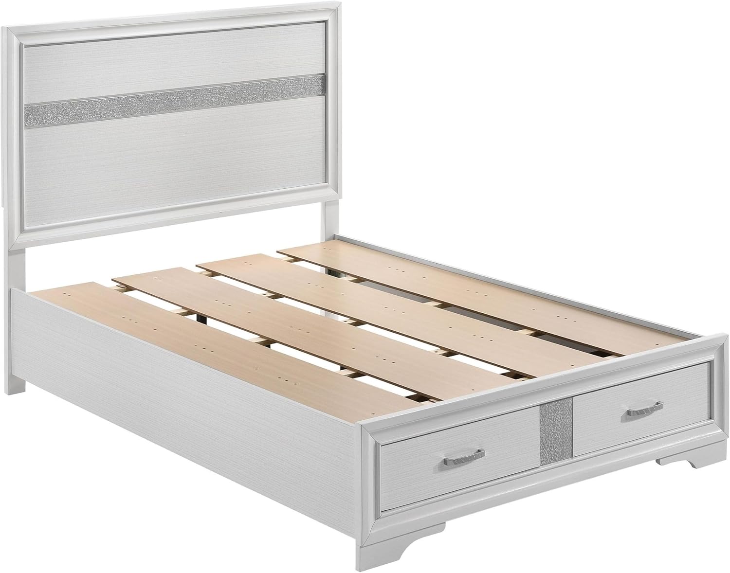 Benjara Vino 4pc Full Bedroom Set- Storage Footboard- White/Glitter Stripes