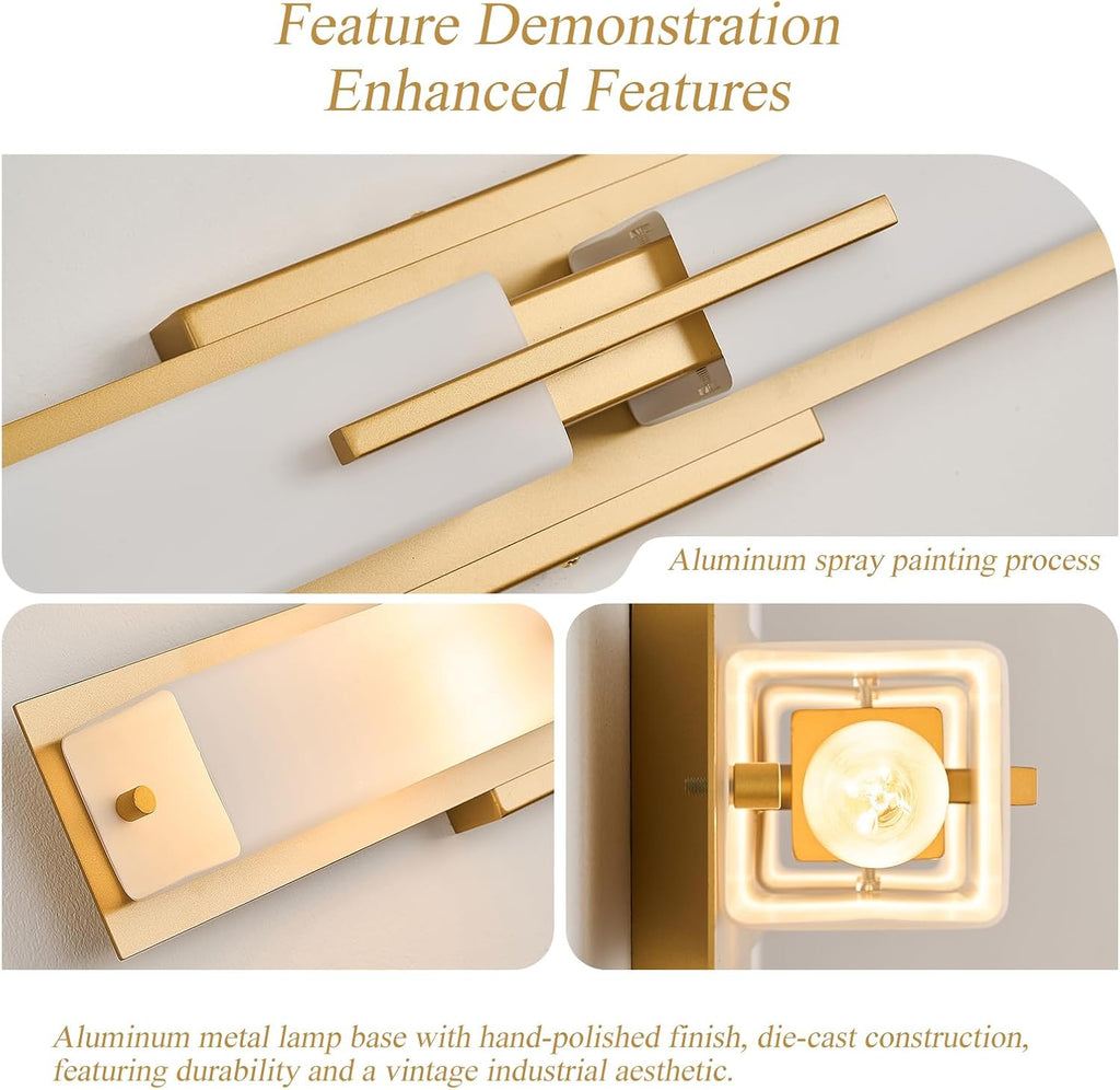 VitaLink Gold Vanity Light, 24' Modern Bathroom Wall Light Over Vanity Mirror 2-Light Hardwired Milky White Glass Wall Light for Bedroom Living Room Dining Room Hallway