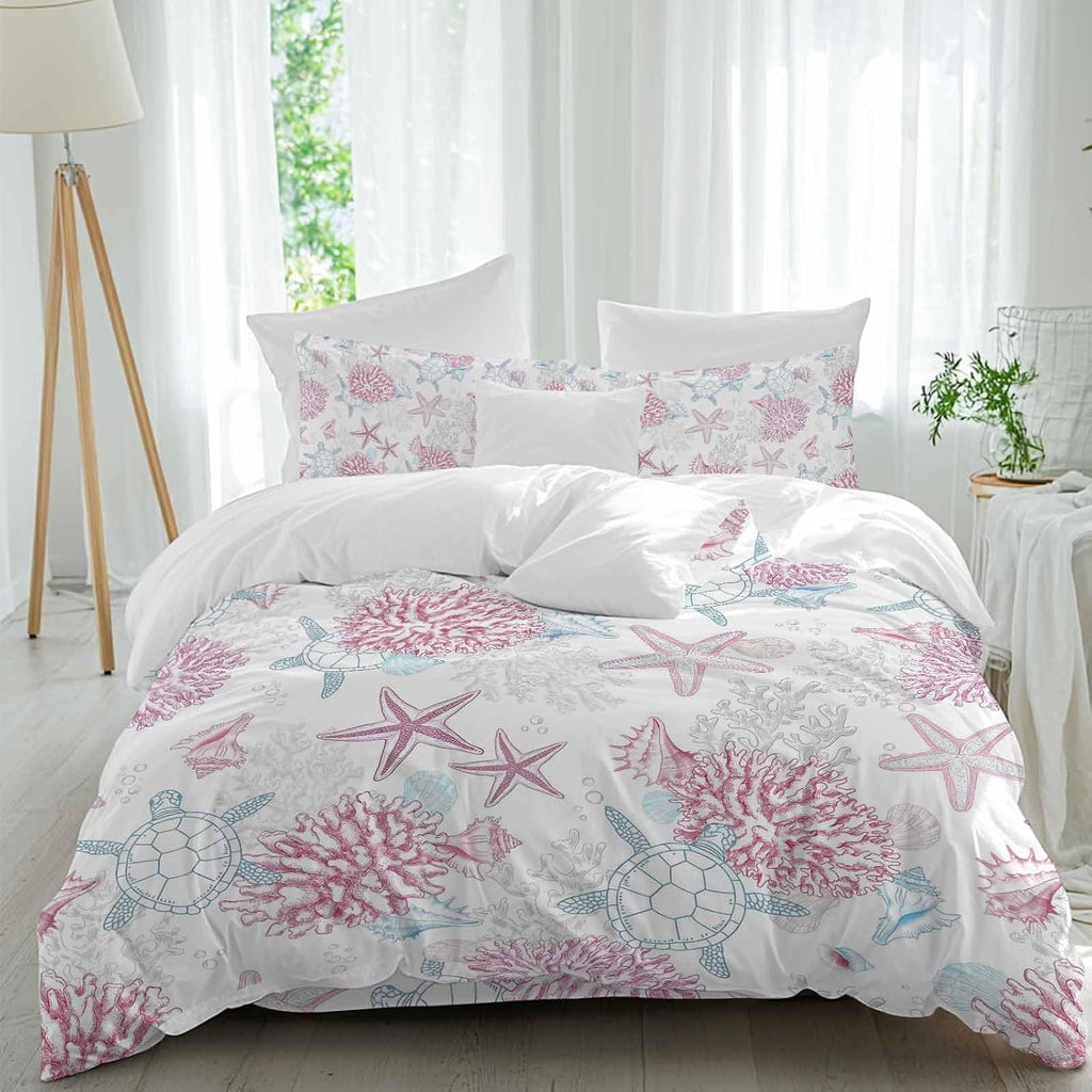 Summer Marine Life Duvet Cover Set Queen Size 4 Pieces Ocean Starfish Coral Coastal Sea Turtle Pink Bedding Set with Zipper Closure, 1 Comforter Cover 92x106 Inches 1 Flat Sheet & 2 Pillow Cases