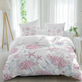Summer Marine Life Duvet Cover Set Queen Size 4 Pieces Ocean Starfish Coral Coastal Sea Turtle Pink Bedding Set with Zipper Closure, 1 Comforter Cover 92x106 Inches 1 Flat Sheet & 2 Pillow Cases