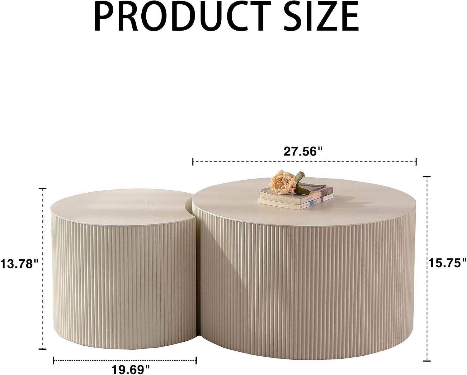 Nesting Coffee Table Set of 2, Round & Crescent Moon Wood Coffee Table and End Table Sets, Modern Luxury Accent Center Tea Table for Living Room Bedroom, （Beige + Cream, 27.56' & 19.69'