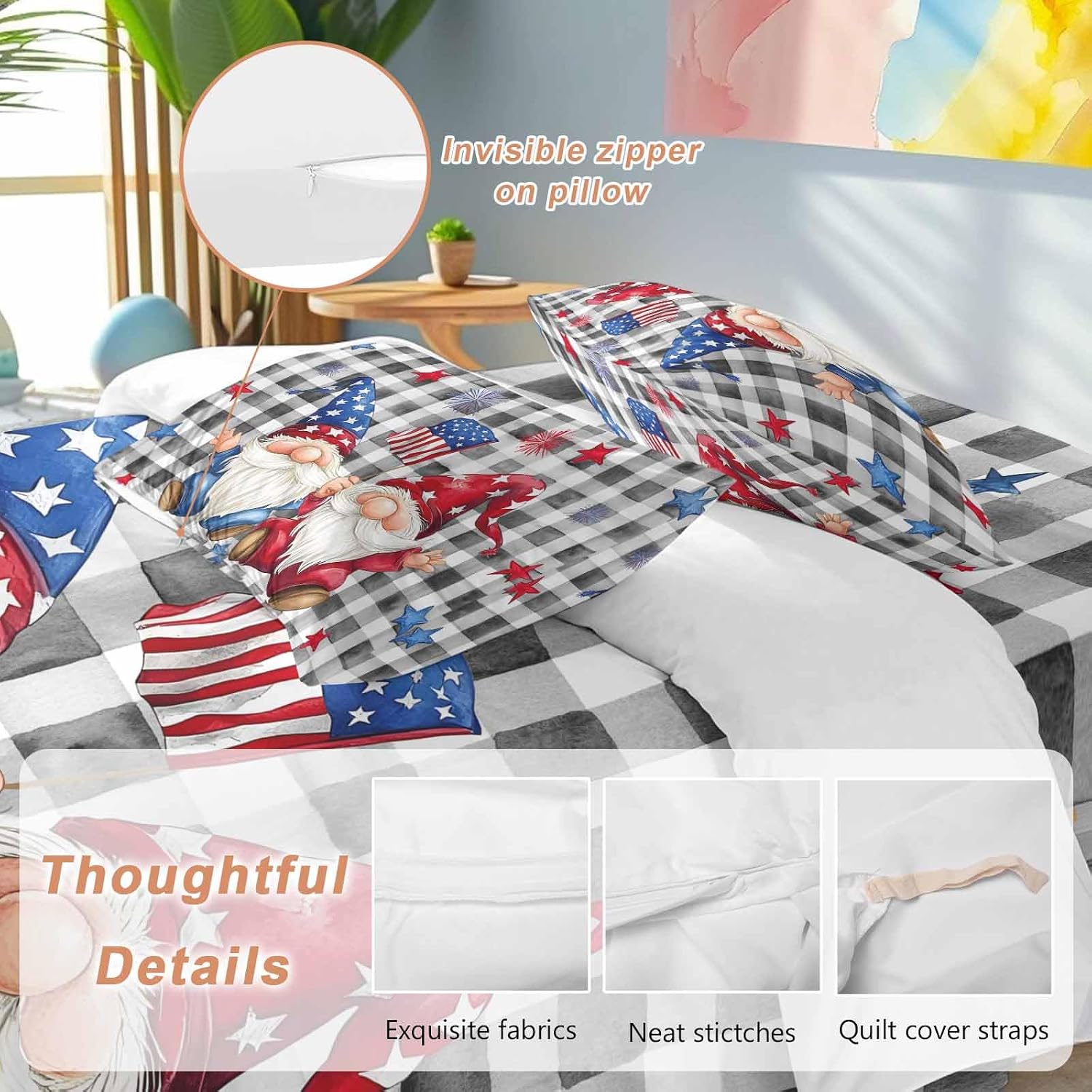 Prime Leader Independence Day Duvet Cover Set Queen Size 4 Pieces Patriotic Gnomes USA Flag Black Plaid Bedding Set with Zipper Closure, 1 Comforter Cover 92x106 Inches 1 Flat Sheet & 2 Pillow Cases