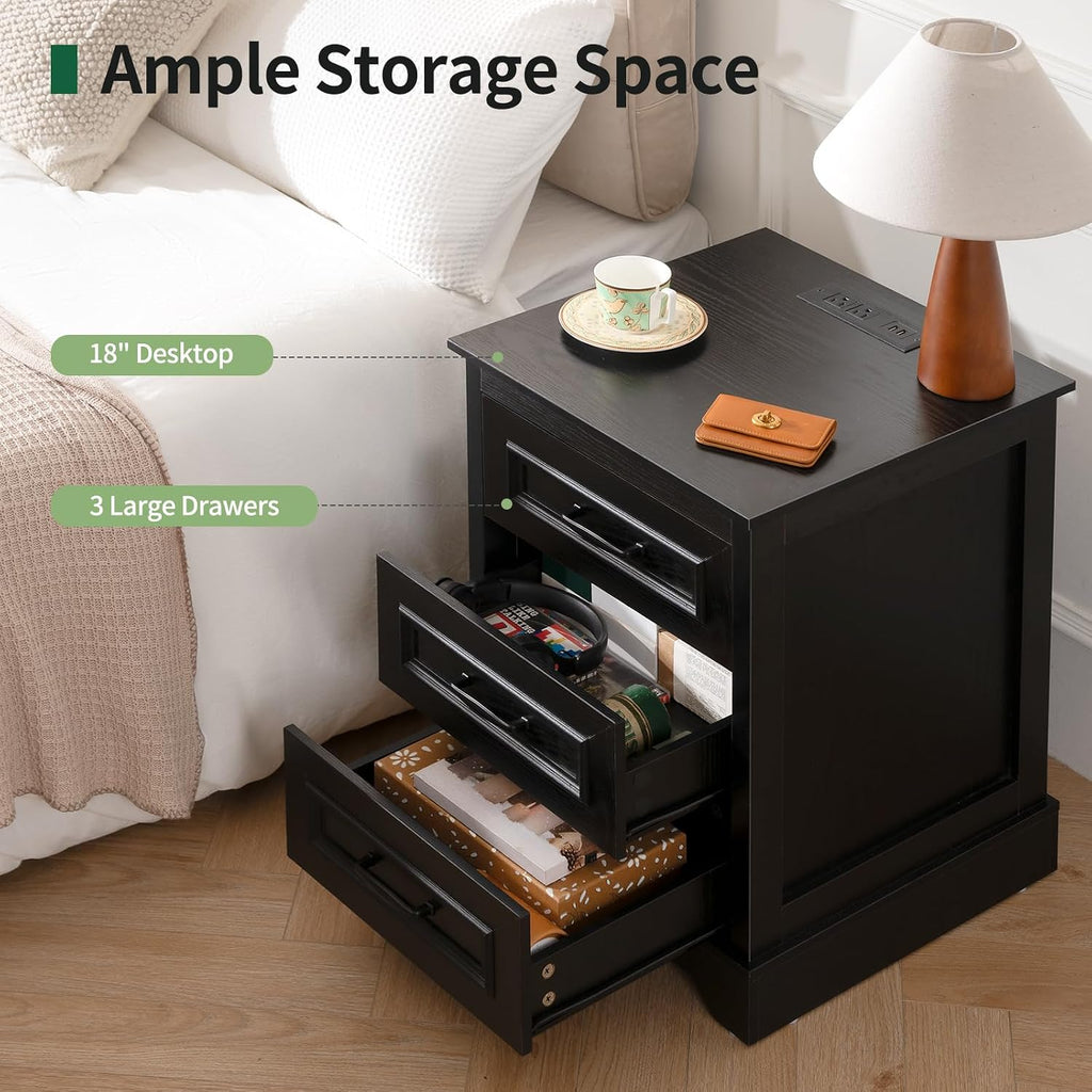 Farmhouse Nightstand with Charging Station- Wood Night Stand Set 2, 3 Drawer Nightstands Set of 2, Bedside Table with Storage, Rustic Night Stands for Bedroom, Closet, 18' Wide, 24' Tall