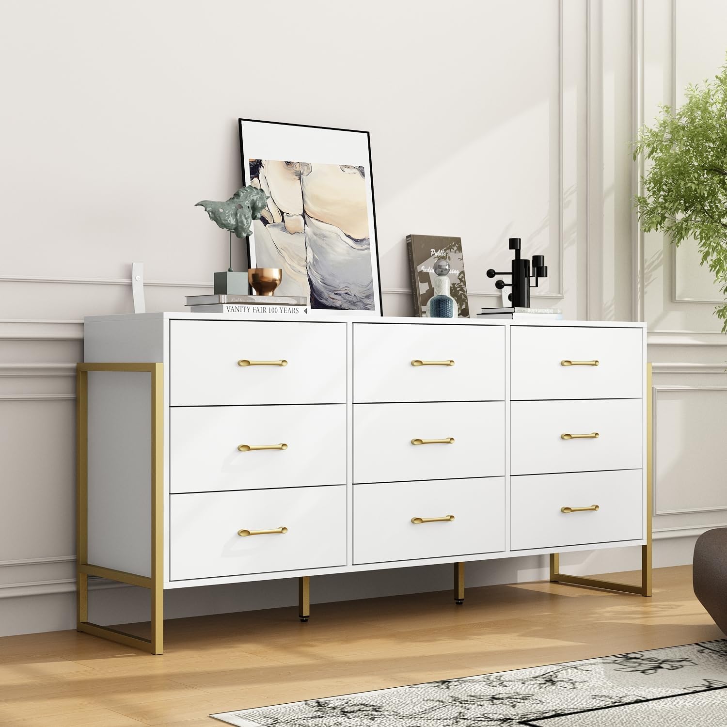 Homsee Extra Large 9 Drawer Double Dresser with Metal Legs, 61.4' L Modern Wood Dresser Chest of Drawers with Wide Storage Space for Bedroom, White