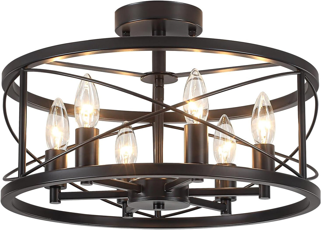 6-Light Black Semi Flush Mount Ceiling Light, 16.53'' Modern Farmhouse Close to Ceiling Light Fixtures, Ceiling Lamp for Hallway Entryway Foyer Dining Room Living Room Bedroom Kitchen Light Fixtures