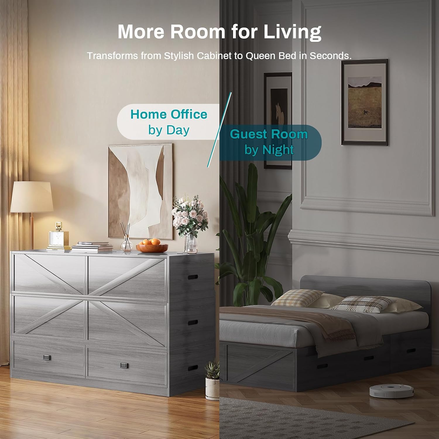 BALUS Murphy Cabinet Bed with Memory Foam Mattress Included, Queen Size Cube Cabinet Bed with 2 Storage Drawers, 3-in-1 Convertible Sofa Furniture Sets for Guest Room Apartment Living Room, Grey