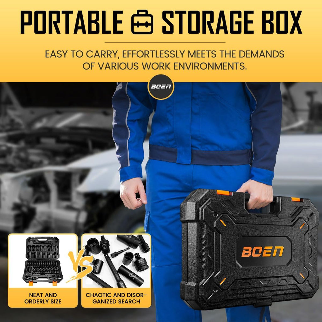 BOEN 1/2' Drive Impact Socket Set, 72 Piece Standard SAE (5/16'-1-1/4') & Metric (8-24 mm), Deep & Shallow Kit | Includes Ratchet Handle & Adapters | 3 ', 5', 10' Extension Bar