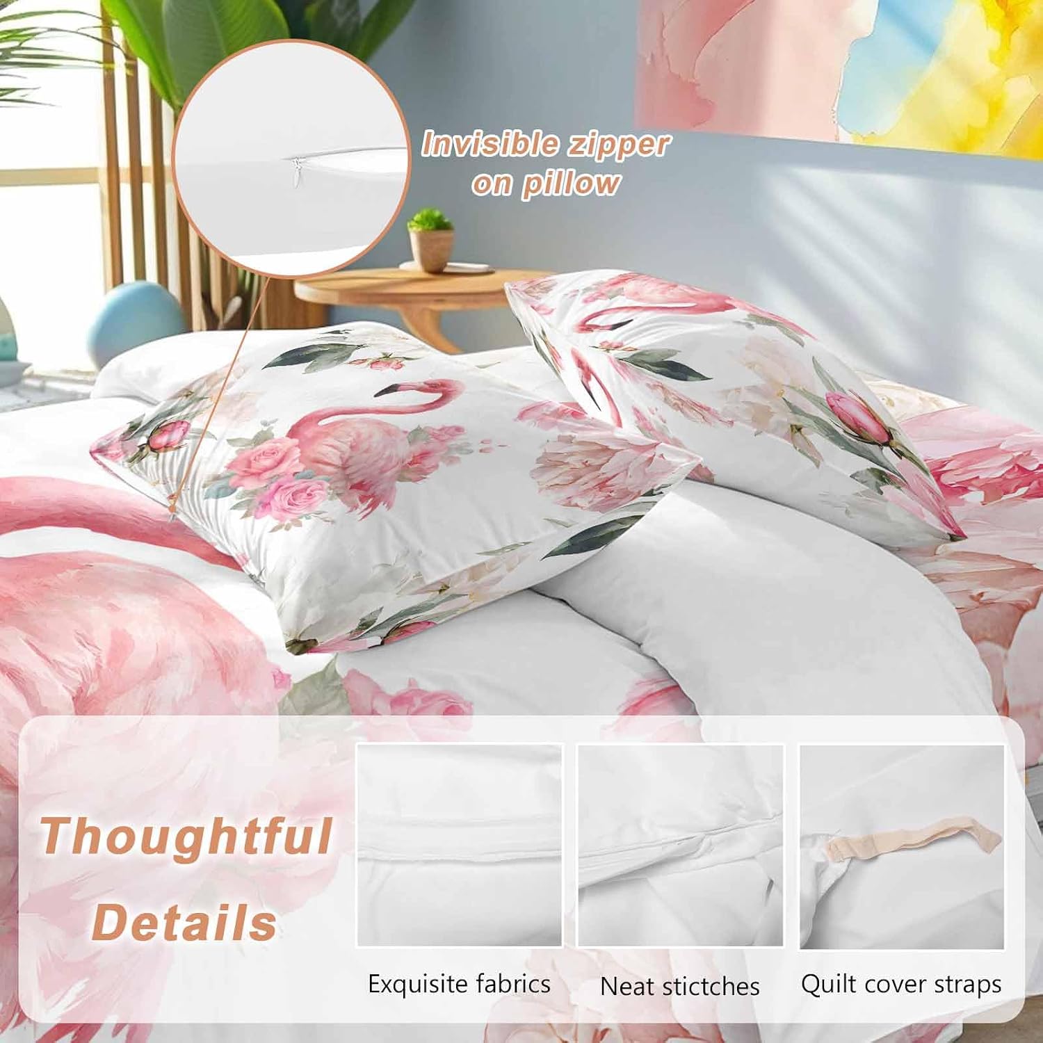 Prime Leader Flamingos Rose Duvet Cover Set Queen Size 4 Pieces Pink Watercolor Floral Spring Nature Bedding Set with Zipper Closure, 1 Comforter Cover 92x106 Inches 1 Flat Sheet & 2 Pillow Cases