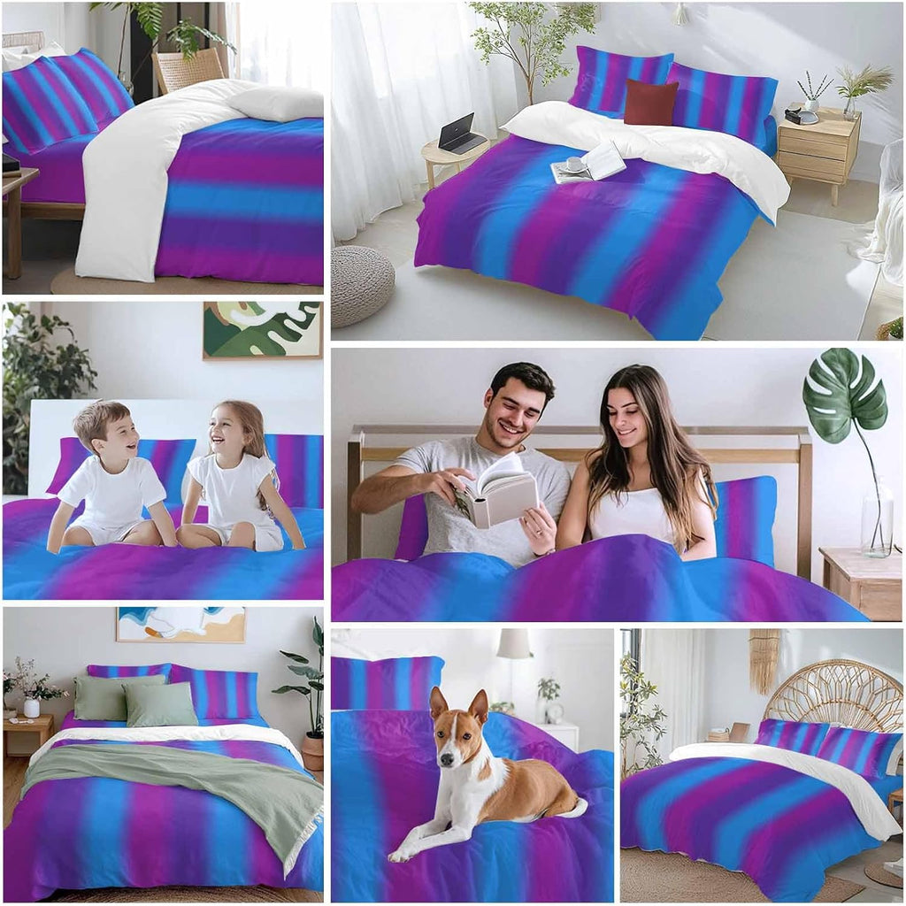 Color Striped Gradient Duvet Cover Set Queen Size 4 Pieces Modern Pink Purple Blue Minimalist Art Bedding Set with Zipper Closure, 1 Comforter Cover 86x86 Inches 1 Flat Sheet & 2 Pillow Cases