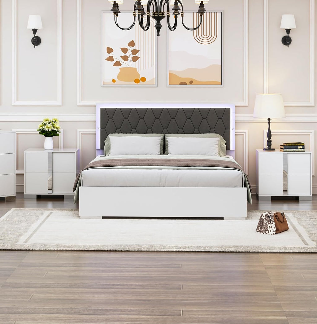 Henf Modern White Nightstand Set of 2 for Bedroom, Elegant 2 Drawer Nightstand with Silver Mirrored Handle and Base, Wood End Table Sofa Side Table for Small Place Living Room Bedroom (White)