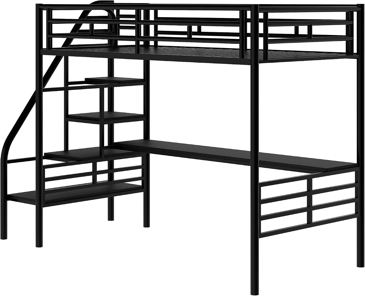 Twin Size Metal Loft Bed Frame with Desk,Bed Designed W/Full-Length Metal Desk Surface,No Box Spring Needed,for Bedroom,Black