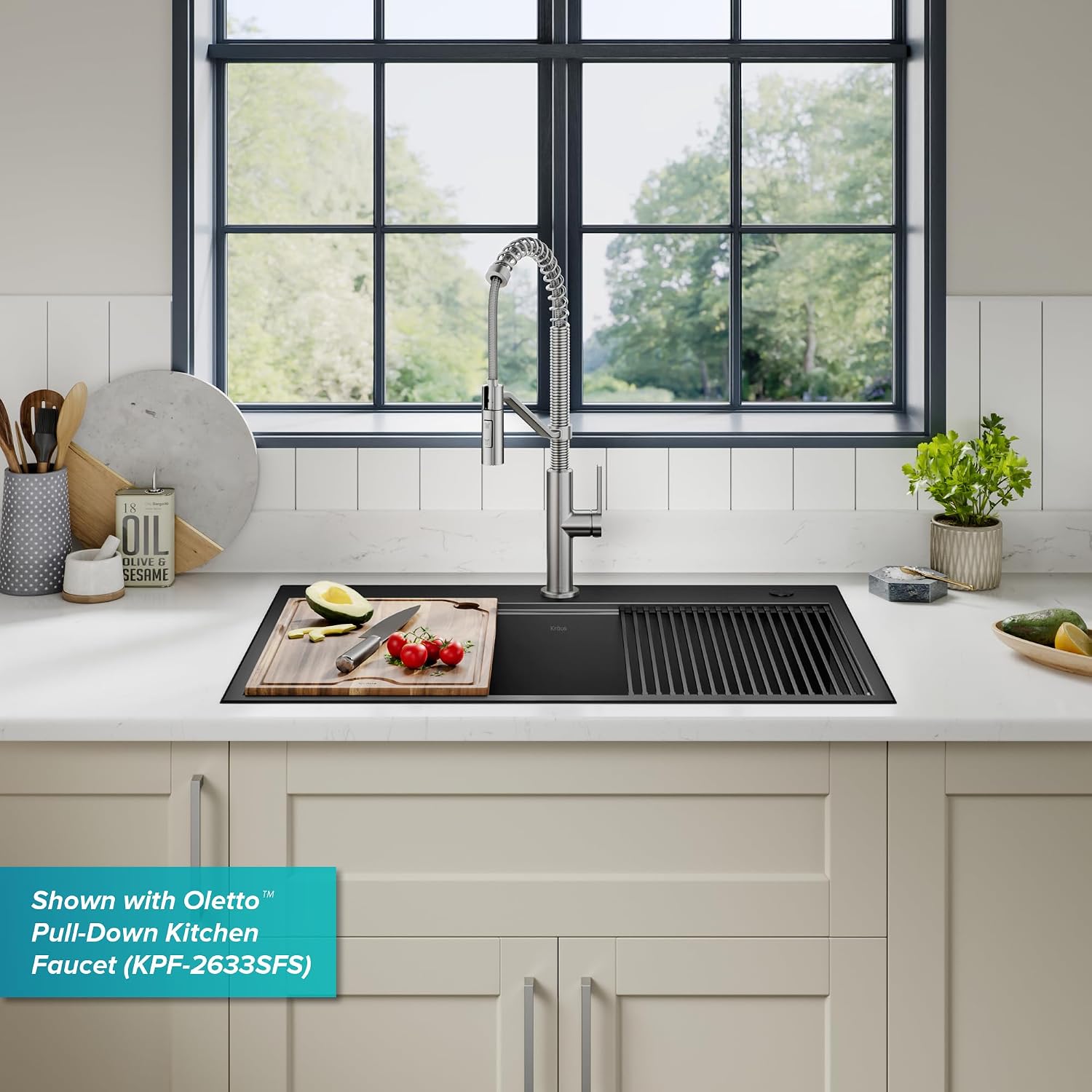 KRAUS Kore Workstation 33-inch Top Mount Drop-In 16 Gauge Black Stainless Steel Single Bowl Kitchen Sink in PVD Gunmetal Finish with Accessories, KWT310-33/PGM