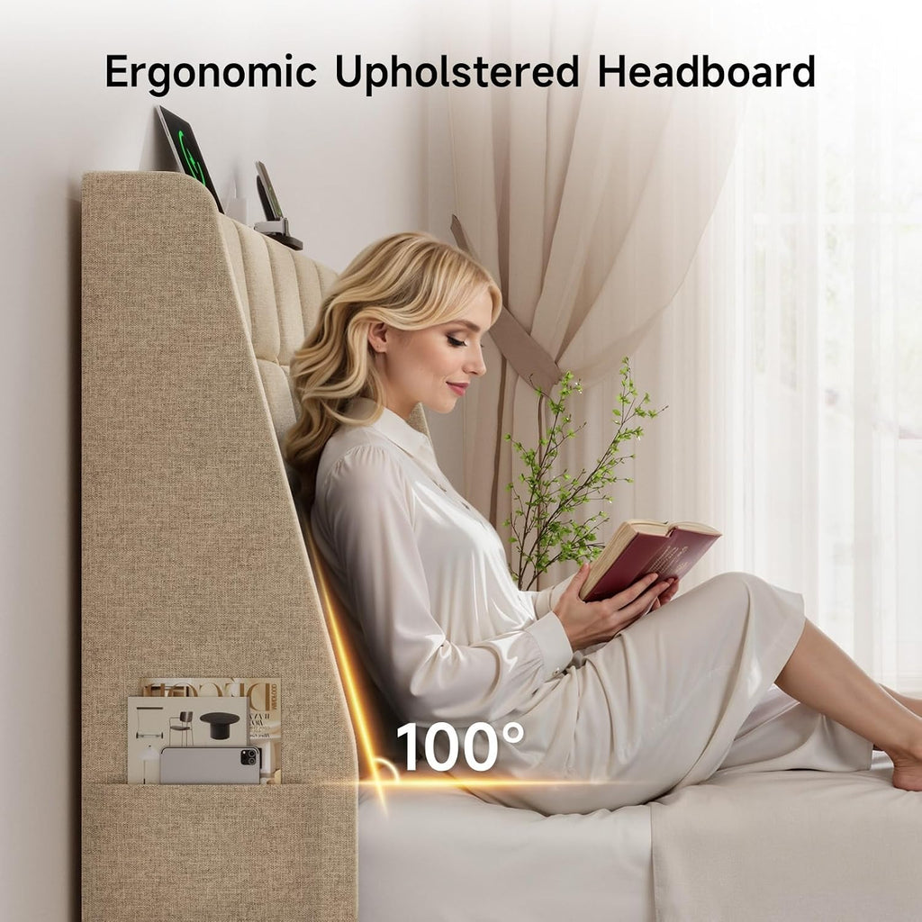 Ergonomic Upholstered Headboard Queen Size w/Charging Station, Linen Wingback Headboards w/Storage Pocket, Queen Headboard Only, Bed Frame Adapters, Sturdy Stable Solid Wood Bed Head Board, Beige