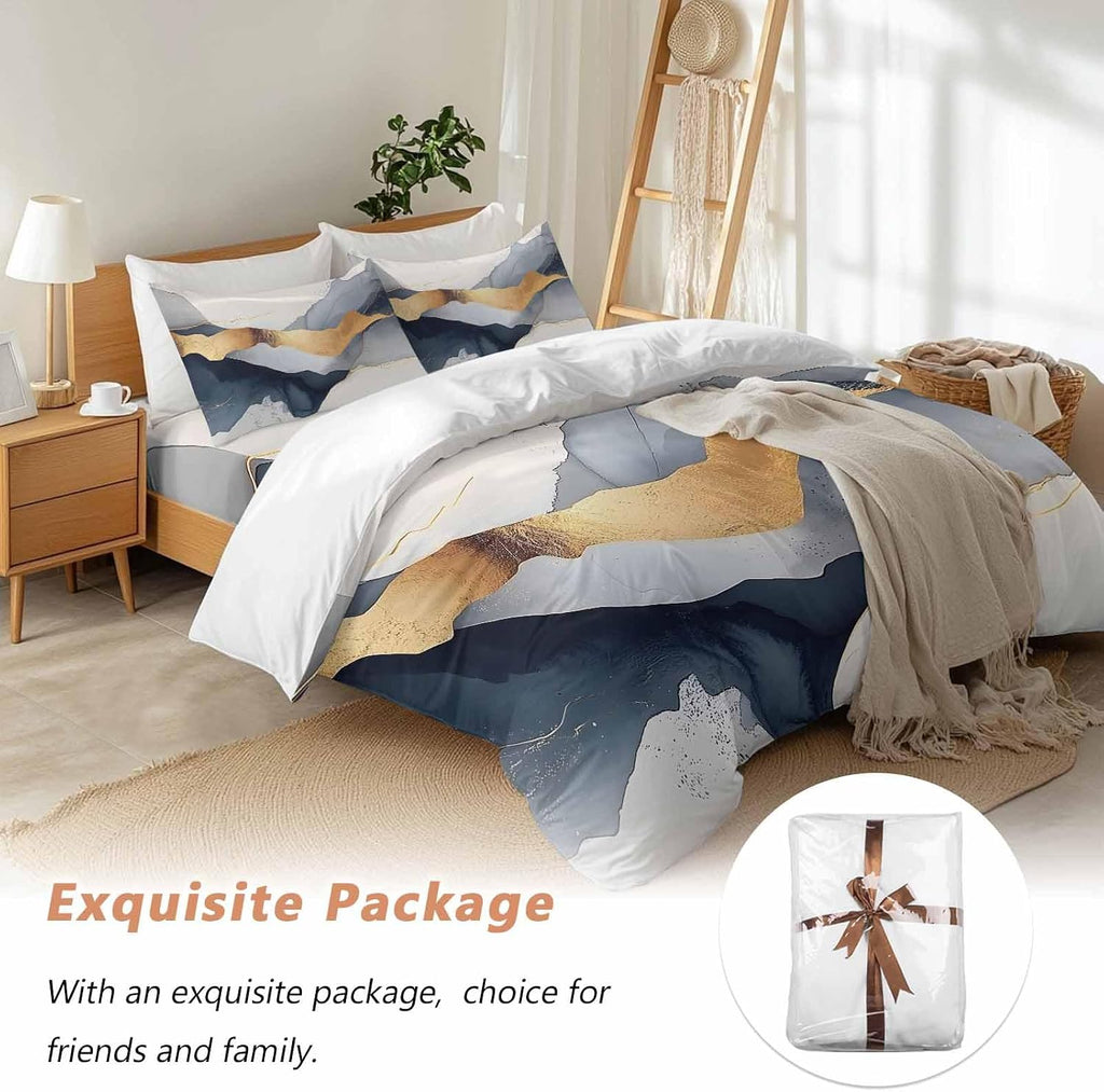 Prime Leader Abstract Duvet Cover Set Queen Size 4 Pieces Modern Gold Blue Grey Geometric Minimalist Bedding Set with Zipper Closure, 1 Comforter Cover 86x86 Inches 1 Flat Sheet & 2 Pillow Cases