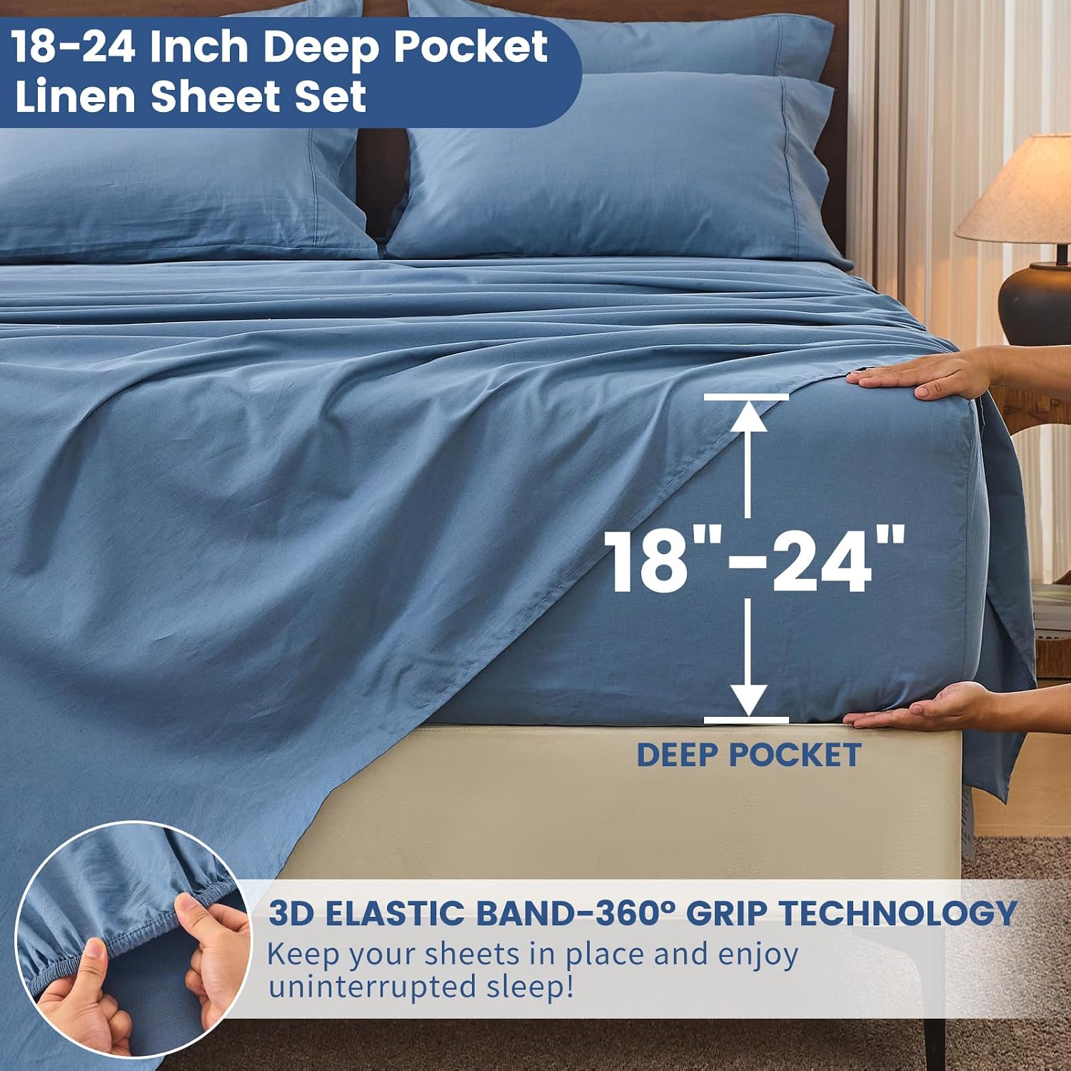 Bedlifes 100% French Flax Linen Sheets Set King Size - 6 Piece Extra Deep Pocket 18-24',Soft Breathable King Bed Sheets with Temperature Regulating & Moisture-Wicking(Flint Blue