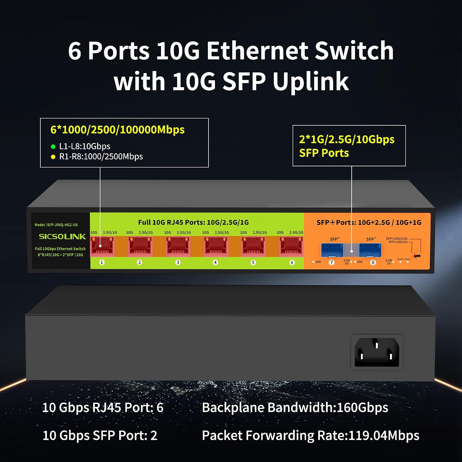 8 Port 10G Unmanaged Ethernet Switch, 6×10G RJ45 + 2×10G SFP+, 160Gbps, Low-Noise Fan, 6KV Surge Protection, Desktop & 19' Rack Mount Plug & Play for NAS, Gaming PC, WiFi 7 Router